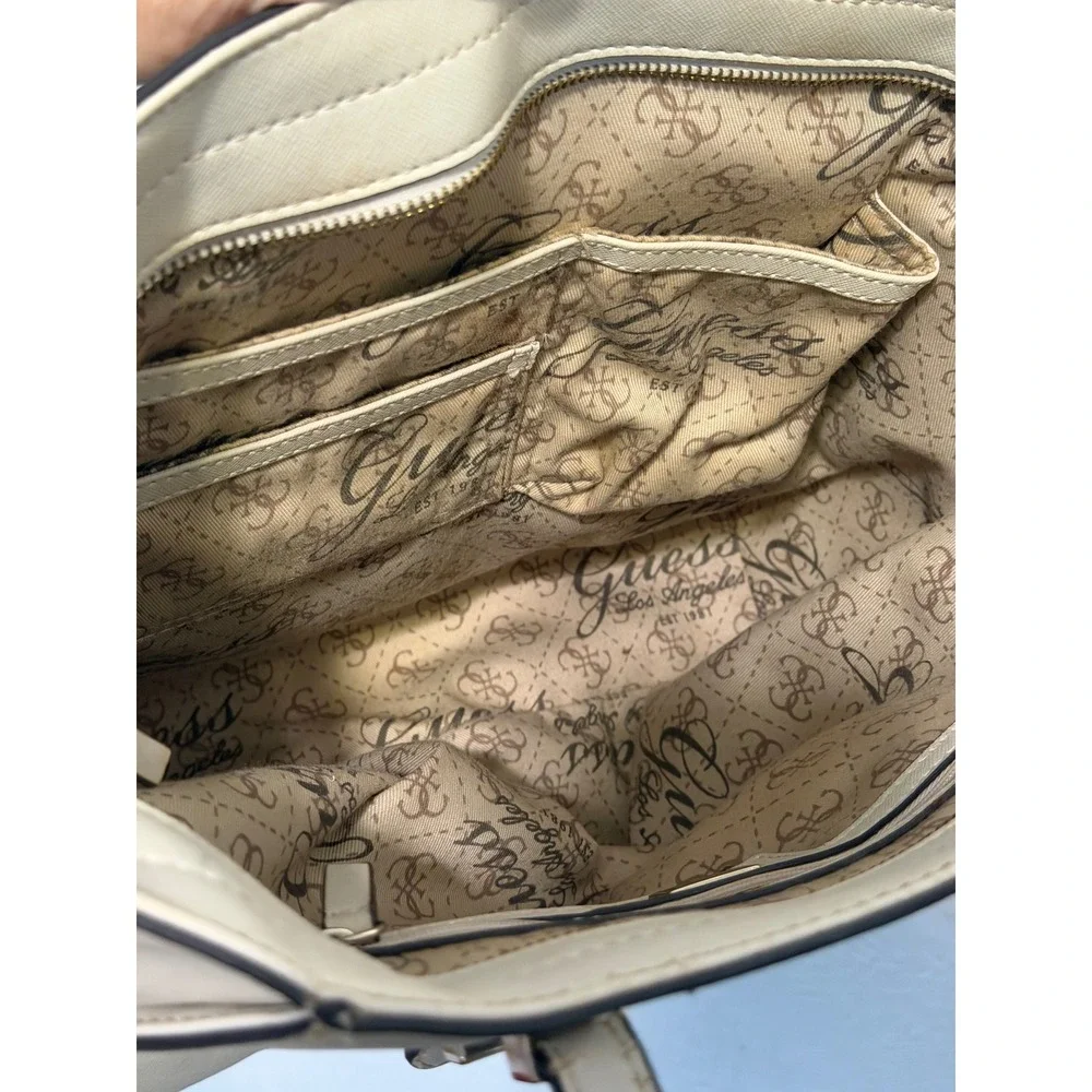 Guess Cream Saffiano PVC Tote Bag Silver Hardware Off White Shoulder Bag